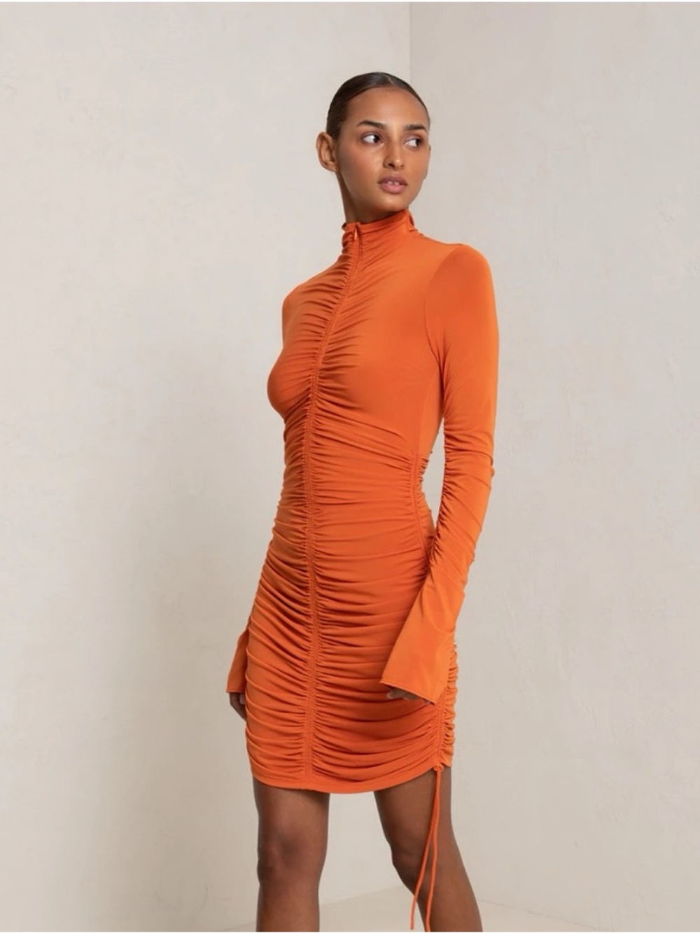 A.L.C. Orange ‘Nolan’ Ruched Bodycon Mock Turtleneck Long Sleeve Dress, Size XS